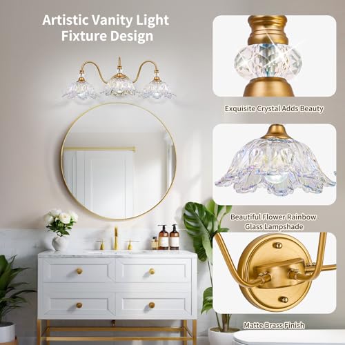 Image of Vintage Bathroom Vanity Light, 3-Light Matte Brass Finish Vanity Light with Flower-Shaped Rainbow Glass Shades, Retro Wall Sconce for Bathroom