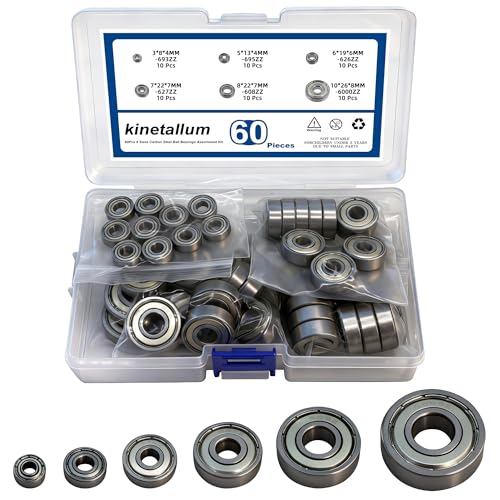 Kinetallum 60PCS 6 Sizes Deep Groove Ball Bearings Assortment 608ZZ 693ZZ 695ZZ 626ZZ 627ZZ 6000ZZ Steel Ball Bearing Double Shielded Bearings Pre-Lubricated 3 5 6 7 8 10MM ID for 3D Printers