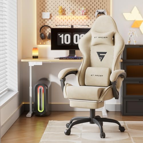 Image of Gaming Chair Racing for Adult, Office Chair with Footrest Massage Lumbar Cushion, Velvet Fabric Reclining Video Game Chairs, Ergonomic Computer Chairs Height Adjustable, for Home Streaming, Beige