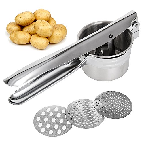 Littlegrasseu Presse-purée Manuel Inoxydable en Acier-Presse-Fruits Multifonctionnel Echangeables-Presse légumes Qualité Professionnelle Solide avec 3 Disques-pour Cuisine Fruits Légumes Cover