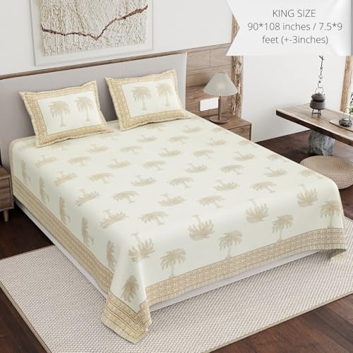 Image of Living Roots Ethnic Jaipur Block Print Double Cotton Bedsheet & 2 Pillow Covers, for Mattress Upto 6 inches Thick, No Colour Bleeding, Ivory Colour, King Size 90 * 108 inches, 120TC (608-B)