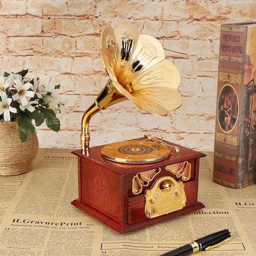 Image of AUGEN Exclusive Music Box Musical 360 rotatable Carousel Children's Wooden Men and Women Birthday Creative Christmas Valentine's Day Gift Home Decoration (Gramophone)
