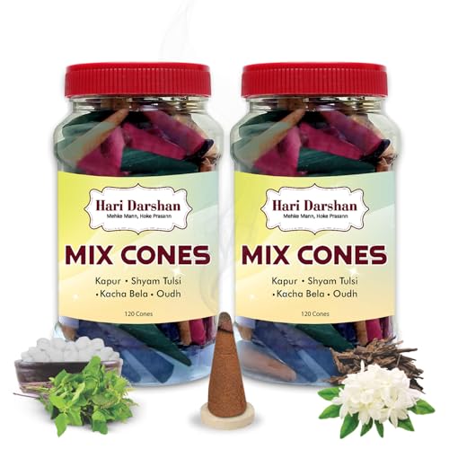 Image of Hari Darshan Mix Dhoop Cones for Pooja with Traditional Chemical-Free - Kapur Shyam Tulsi Kacha Bela Oudh - Long Lasting Natural Aroma Dhoop Cone Set - Pack of 2 Jars, 120 Cones Each (Total 240 Cones)