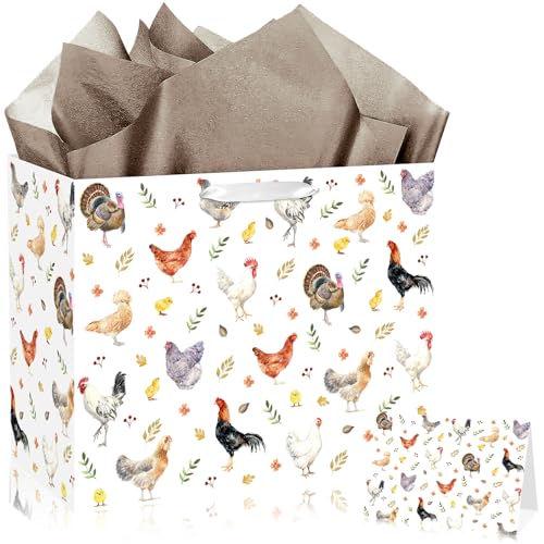 JORHANCE Chicken Gift Bag with Tissue Paper & Bday Card Large Farm Wrapping Paper Bag for Chicken Birthday Party Decorations This Chick is One Birthday & Hen Rooster Decorations