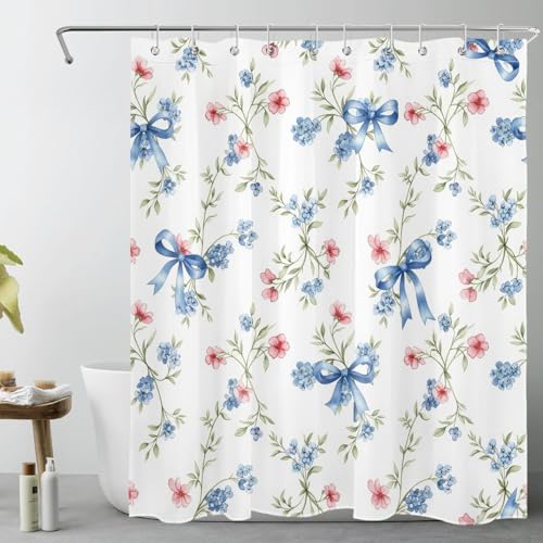 LB Blue Bow Shower Curtain Rustic Pink Floral Sage Green Plant Aesthetic Shower Curtains for Bathroom Washable Waterproof Fabric with 8pcs Hooks,68Lx47W inches