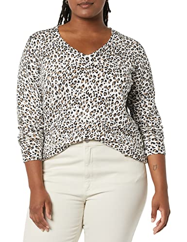 Amazon Essentials Women's Classic-Fit Lightweight Long-Sleeve V-Neck Sweater (Available In Plus Size), White/Tan, Cheetah, Medium #TOP2