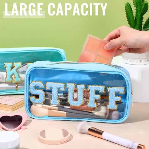 Hillban 4 Pieces Chenille Letter Cosmetic Bag Set Nylon PVC Clear Waterproof Makeup Pouch Stuff Hair Travel Bag Multi Purpose Aesthetics Toiletry Organizer for Women Gym Travel Beach (Light Colors)3