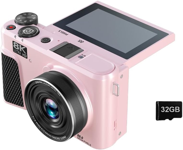 Digital Camera, 8K 88MP Autofocus Video Camera with 3in 180° Flip Screen, LED Fill Light, Support 18X Digital Zoom, WiFi Wireless Control, for Travel Photography (Pink) - Image 1 of 5
