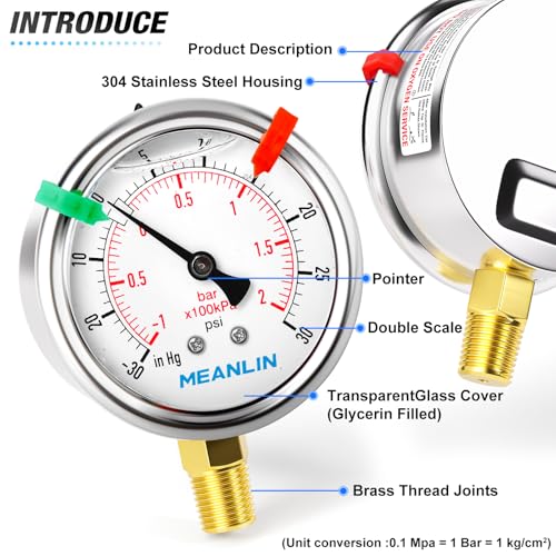 Image of MEANLIN MEASURE -30inHG~30Psi Vacuum Pressure Gauge 1 /4 inch NPT 2.5 inch FACE DIAL, Stainless Steel Liquid Filled Pressure Gauge WOG Water Oil Air Lower Mount (with 2PCS Snaps)