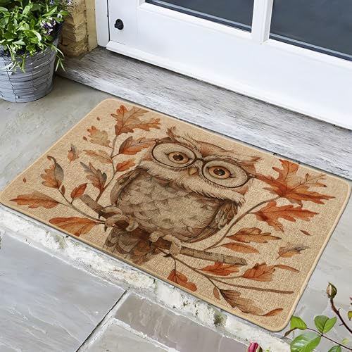 Paillasson chouette d'automne marron avec feuilles d'automne pour extérieur et intérieur, décoration rustique, paillasson en caoutchouc antidérapant,...