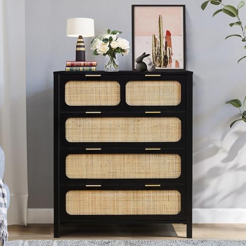 LEVNARY 4 Drawer Dresser for Bedroom, Rattan Dresser Drawers Storage
