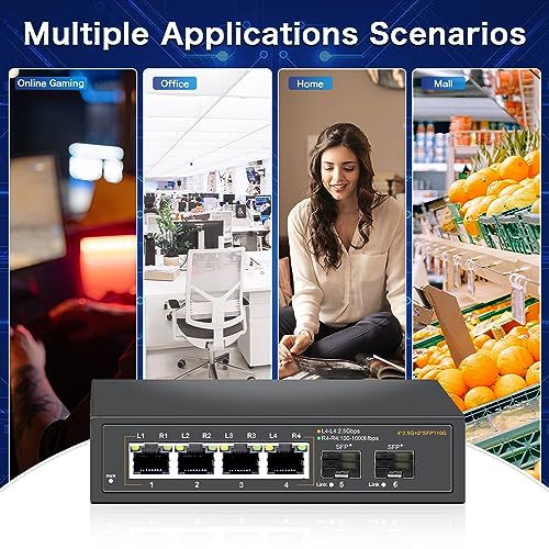 Image of 2.5G Unmanaged Ethernet Switch with 4 x 2.5G Base-T Ports and 2 x 10G SFP+ Uplink Ports, Compatible with 100 /1000 /2500Mbps, Fanlesss Design, Plug & Play, Metal 2.5Gb Network Switch