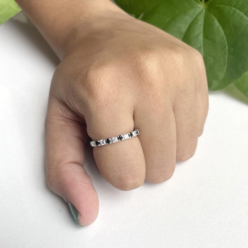 Miniatura 4 de Alternate Black & White Diamond Half Eternity Wedding Band For Women, 14k Rose Gold Finish Black Diamond Wedding Band, Ladies Stackable Diamond Ring