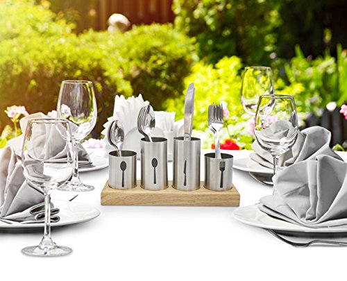 Sorbus Silverware Holder With Caddy For Spoons, Knives Forks, Etc — Ideal For Kitchen, Dining, Entertaining, Buffet, Picnic, And More — Stainless Steel With Bamboo Wood Base #TOP3