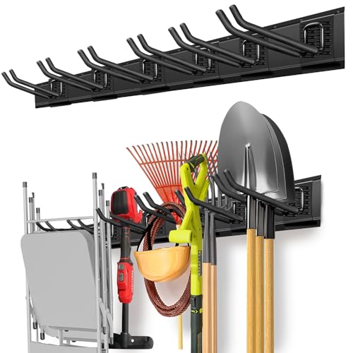 Image of PIYILO Garage Organization, Garage Wall Organizer with 48 inches Rails and 6 Hooks, Tool Organizers Heavy Duty, Shovel Holder Wall Mount Max Load 360 LBS, Sturdy Garden Tool Rack for Folding Chairs