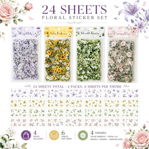 24 Sheets Transparent Flower Stickers for Scrapbooking, 4 Pack Precut PET Floral Stickers for Journaling, Watercolor Flower Style for Junk Journal Supplies, Planner, Collage and Card Making - Image 2