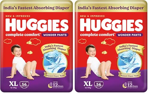 Image of Huggies Complete Comfort Wonder Pants | Pant Style Baby Diapers Extra Large Size, 56 Count | India's Fastest Absorbing Diaper, Prevents Diaper Rash, Ideal for 12 to 17 Kgs (Pack of 2)