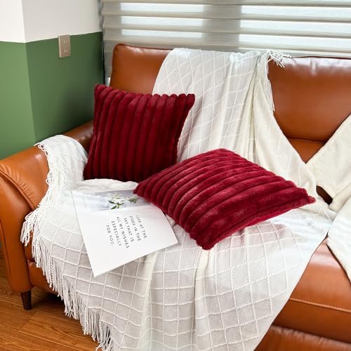 20x20 Throw Pillow Covers Set of 2, Decorative Faux Fur Covers for Bed, Couch Soft Fluffy Pillow Cover with Velvet Back for Living Room, Neutral Home Décor Accent for Sofa - Wine Red