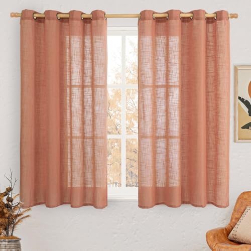 Image of LAMIT Semi Sheer Linen Curtains 45 Inch Length, Terracotta Light Filtering Fall Decor Short Window Curtains with Bronze Grommet for Bedroom /Farmhouse, 2 Panels Set, 52 x 45 Inch