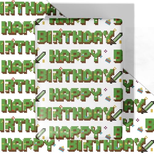 WRAPLULU Pixel Style Birthday Wrapping Paper Sheet - 4 Jumbo Sheets, 28 * 40 Inches - Retro Video Gaming Gift Wrap, Perfect for Birthday Christmas