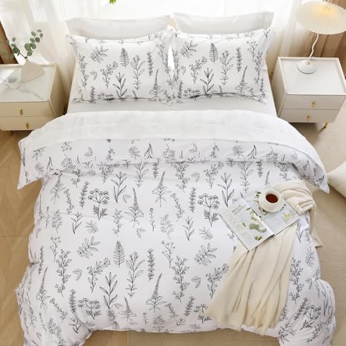 Image of MUXHOMO White Bed in a Bag Queen 7 Pieces, Queen Comforter Set Reversible Botanical Flowers Design, Ultra Soft & Breathable Bedding Sets with Comforter, Sheets, Pillowcases & Shams