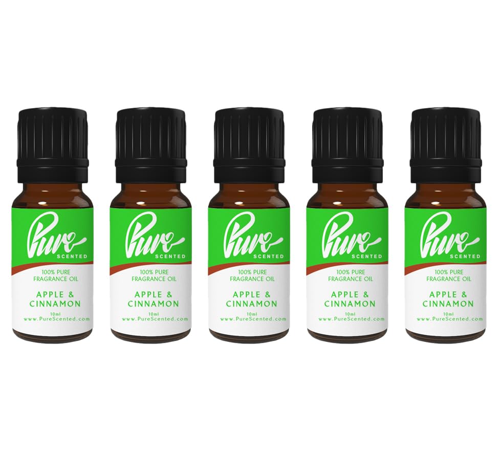 Pure Scented 50ml Fragrance Oils - 5 x 10ml Suitable for Candles, Soaps, Slime, Diffusers, Cosmetics, Wax Melts, Designer (5 x 10ml, Apple & Cinnamon)