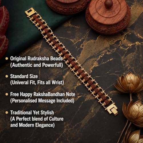Image of Nazakat 21 Bead Original Rudraksha Rakhi for Brother | Gold Plated Traditional Rakhi Bracelet | Sacred Rudraksha Raksha Bandhan Thread | Adjustable Designer Rakhi Gift for Bhai | Festival Hand Band