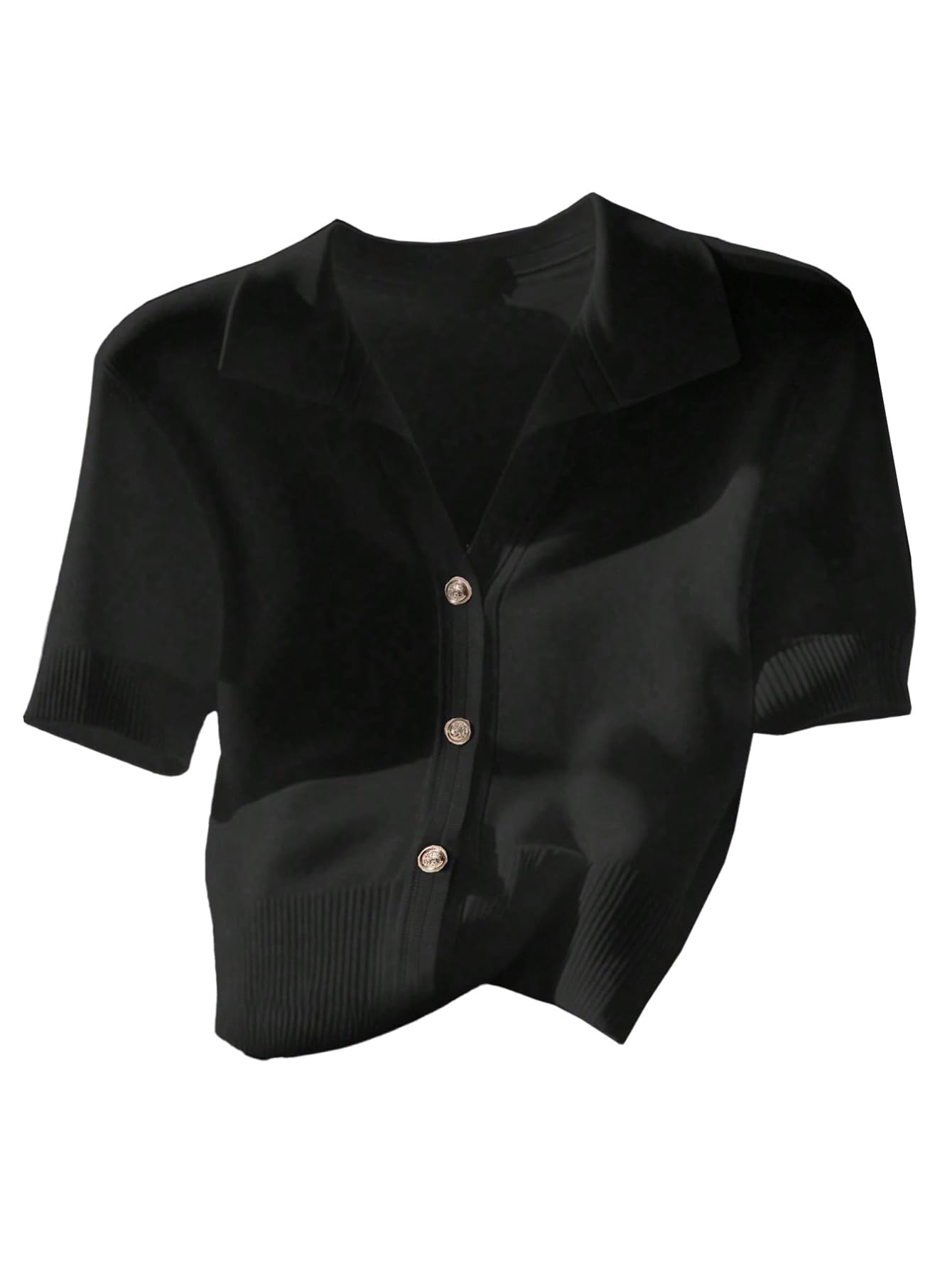 Womens Metallic Button Down Cardigan Short Sleeve Collared Knitwear Cropped Sweater