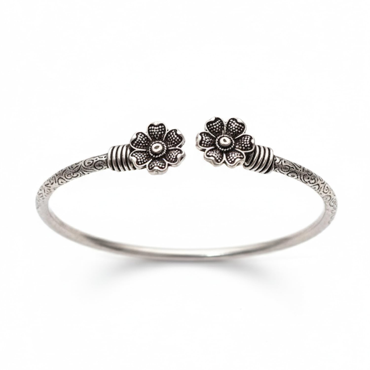 BY EVERSTYLISH Oxidised Silver Floral Openable Bangle Bracelet for Women | Antique-Inspired Tribal Design Kada | Adjustable Ethnic Statement Jewelry | Handmade Craftsmanship-image-45