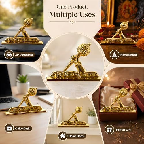 Image of Hanuman Gada Idol for Car Dashboard (Height - 5.5cm)| Bajrangbali /Anjaneya with inchTum Rakshak Kahu Ko Darna inch Quote | Gold Plated Vastu Protection Showpiece & Spiritual Gift (Brass)