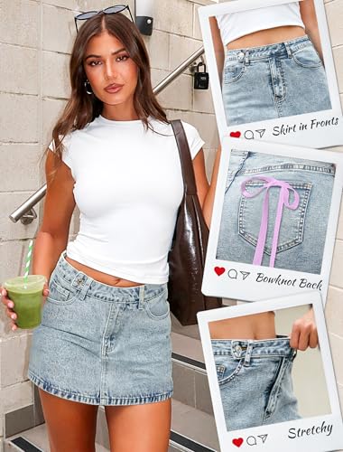 Eddoyee Mini Denim Skirt Women Stretch Jean Skirt High Waisted Casual Short Jean Skirt 5 Pockets with Bows Y2K4