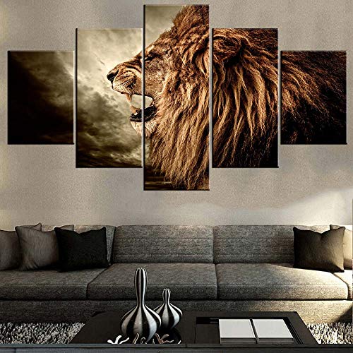 African Decorations For Living Room Brown Howling Lion Paintings Animal Lioness Pictures 5 Piece Black Canvas Wall Art Safari Artwork House Decor Framed Ready To Hang Posters And Prints(60''Wx32''H) #TOP1