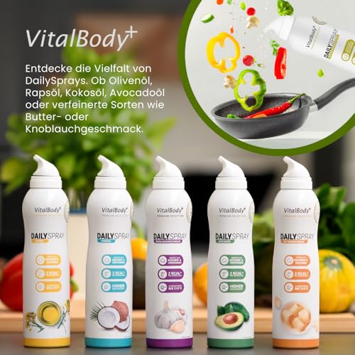 VitalBody+ DailySpray Avocadoöl – 2 kcal Ölspray für Airfryer, Braten & Grillen – Kalorienarm Kochen – Non-stick Cooking Spray, 800 Portionen