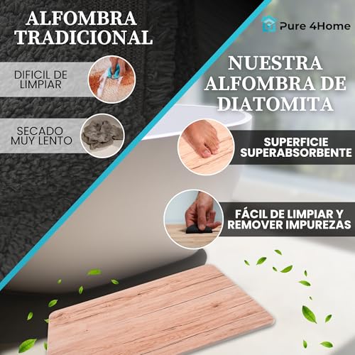 Miniatura 6 de Pure 4home Alfombra Diatomita Baño 60x40 Secado Rápido, Antideslizante Y Antibacteriana Alfombrilla Piedra Diatomita Super Absorbente Alfombrilla Diatomita - Stone Bath Mat Fresno Wood