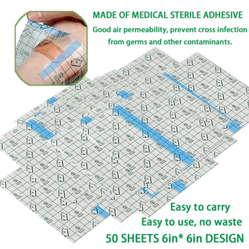 Image of 50 Pieces 6 x 6 in Stretch Waterproof Adhesive Bandages Transparent Film for Tattoo Aftercare and Skin Repair Adhesive Tattoo Supply Wrap