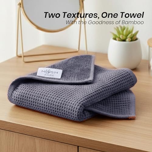 Image of Mush Bamboo Dual Texture Waffle Terry Hand Towel Set of 2 | Ultra Soft, Highly Absorbent, Quick Dry | Hand Towels for Bathroom, Gym & Travel (40x60 cm, 450 GSM) Charcoal & Ash Grey