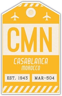 CMN Casablanca Morocco Luggage Tag Sticker/Airport Code Baggage Decal/Collectible Travel Decor/Vintage Inspired Design (Yellow)