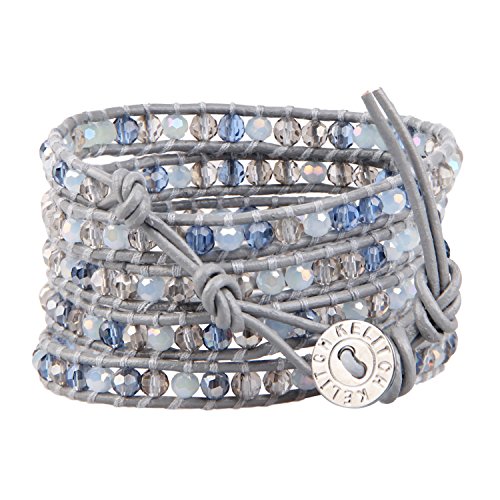 Kelitch Blue Crystal Mix Beads 5 Wrap Bracelet On Gray Leather Handmade For Summer #TOP1