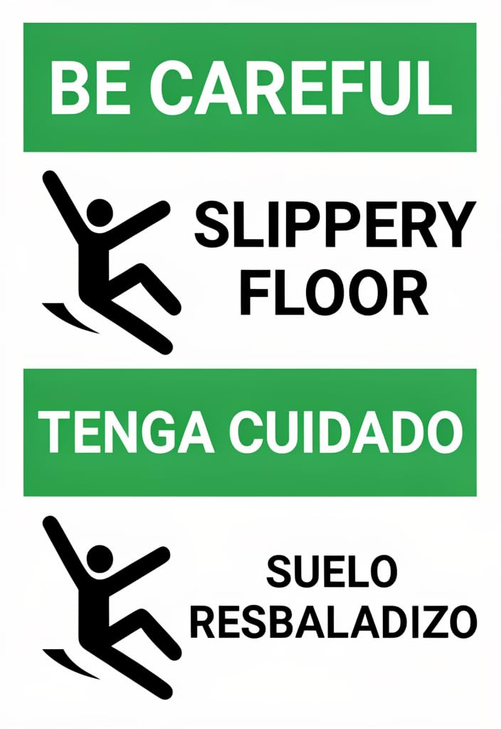 peiyeety Be Careful Slippery Floor Bilingual Tin Sign 12x8 Inch – English/Spanish Safety Warning Metal Wall Plaque, Green & White Caution Notice for Workplace, Restaurant, Bathroom, Pool Area