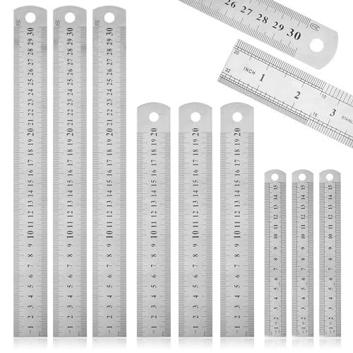 9 Pcs Stainless Steel Ruler Double Side Metal Ruler for Cutting Precision Straight Edge Measuring Tool for Engineering Teaching Home Office (15 20 30 cm)