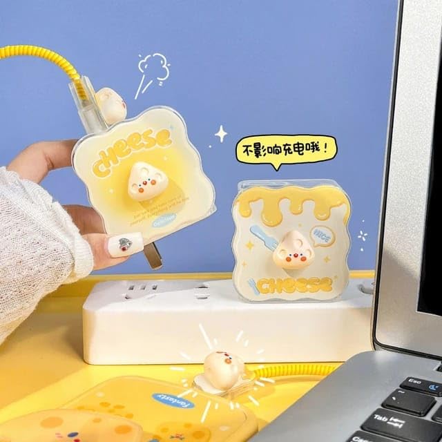 Image of Compatible with iPhone Cute Cat Charger Case Cover | Cartoon Character Silicone Charger Case Cover for 18-20W 360 Degree Full Protection Cover (Cheese Yellow)