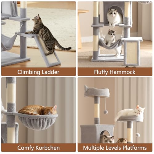 Image of Sweetcrispy Cat Tree 75 Inch, Large Multi-Level Tall Cat Tree Tower with Condo, Perches, Sisal Scratching Posts Board and Hammock, Pet Play House with Dangling Balls for Indoor Cats, Light Grey