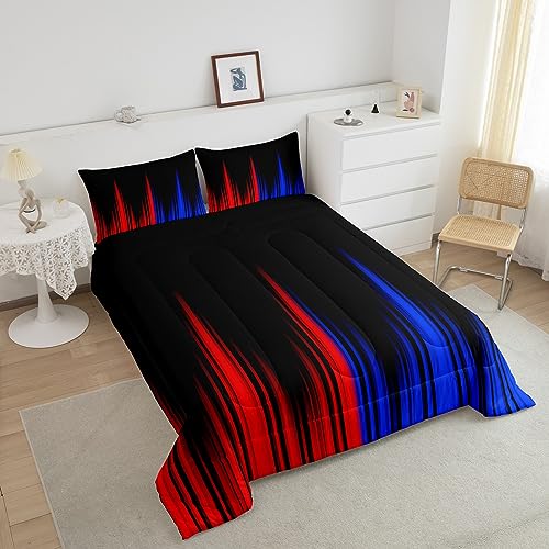 Image of Feelyou Abstract Ombre Comforter Set Queen, Red Blue and Black Comforter Ombre Striped Comforter for Kids Toddler Geometrics Lines Duvet Set 3Pcs