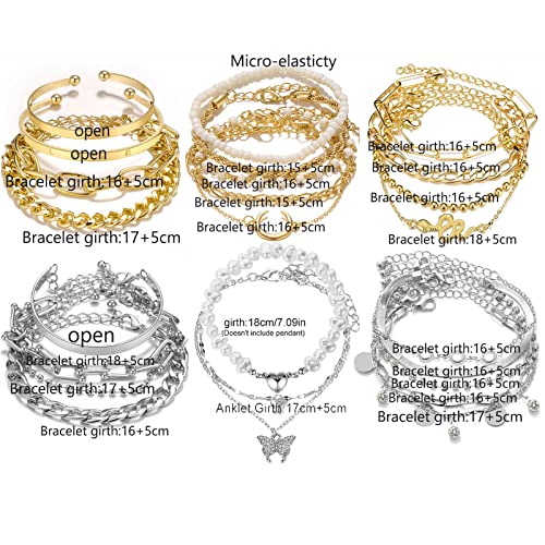 Image of 17IF 18-25 PCS(6 Pack) Boho Gold Silver Stackable Bracelets Set for Women | Chunky Dainty Bangles Adjustable Chain Flat Cuff Cuban Punk Charm Bundle Jewelry