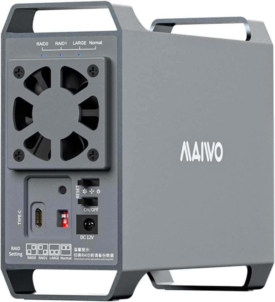 MAIWO Dual Bay Raid Enclosure for 3.5” SATA HDD, 10Gbps SATA Docking Station with Adajustable Fan, 4 Raid Modes,Type C SATA Enclosure for 44TB Capacity Expansion