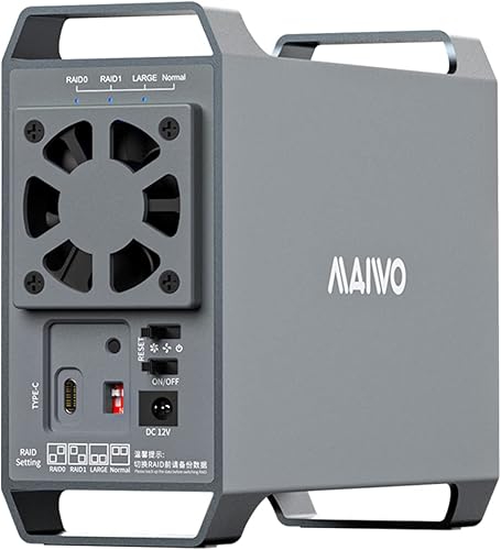 MAIWO Caja RAID de doble bahía para unidad SATA de 2.5"3.5" con ventilador de refrigeración, carcasa SATA USB-C 3.1 para expansión de capacidad de
