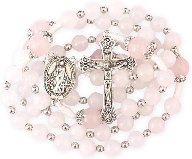 8mm White Jade & 10mm Natural Stone Beads Rosary Necklace St. Miraculous Medal & Cross Crucifix Catholic Prayer Beads Religious Jewelry