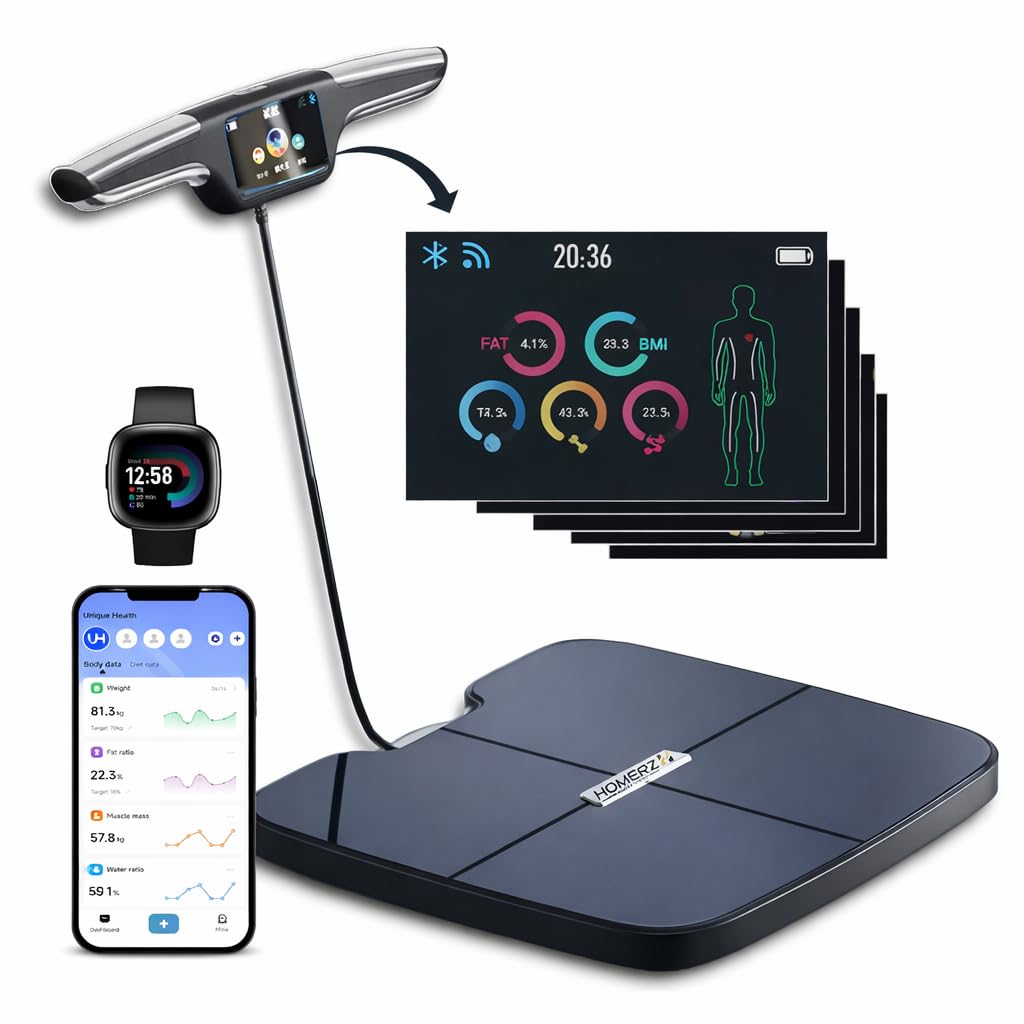 Homerz Body Fat Scale – Smart Scale with BMI, Body Fat, Muscle Mass, Full Body Composition Scale with Body Fat Analysis, Body Scan Scale with Handle, Body Scanner, Biometric Analyzer