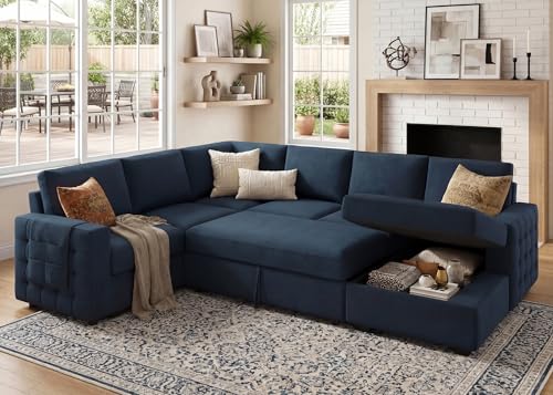 Image of HONBAY Sectional Sleeper Sofa with Pull Out Bed U-Shape Sectional Couch Sleeper Bed with Storage Chaise Lounge Living Room 6 Seater Sectional Sofa,Velvet Dark Blue