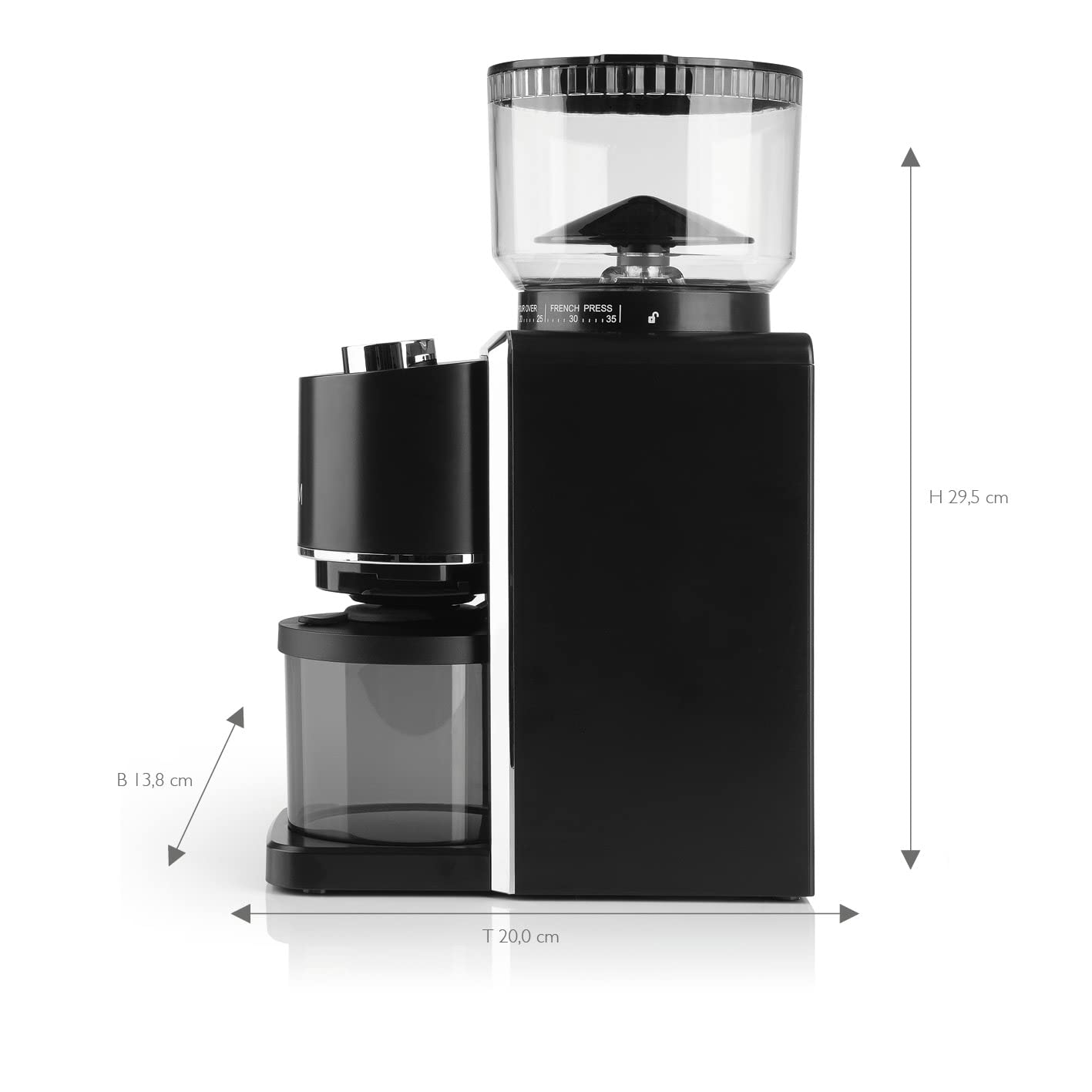 BEEM GRIND-PERFECT Elektryczny młynek do kawy, 250 g, 35-stopniowa regulacja stopnia mielenia, mielenie stożkowe, dozowanie regulowane pokrętłem (2-12 filiżanek), bezpośrednio w uchwycie sitowym o